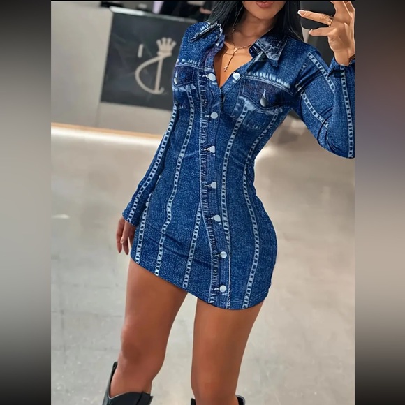 Form Fitting Bodycon Jean Look-a-Like Long Sleeve Polyester Print Dress - Picture 6 of 8